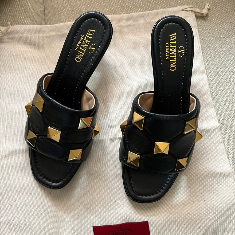 Valentino Women's Black and Gold Studded Sandals